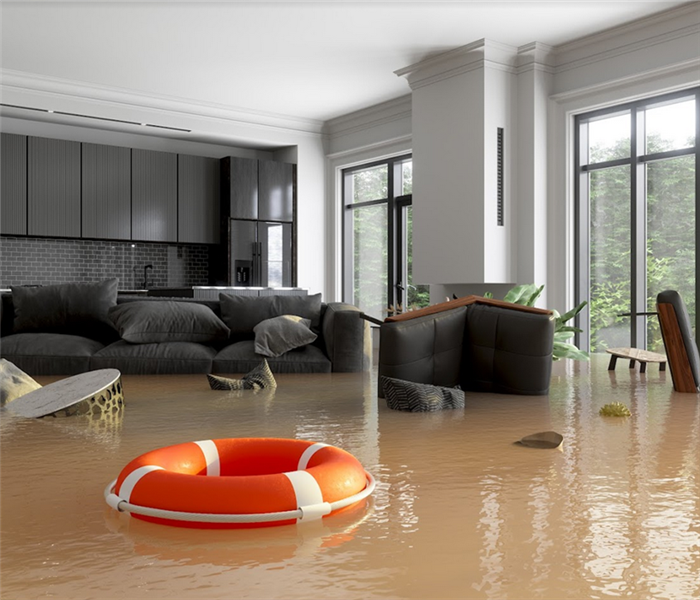 a flooded living room with furniture floating in the murky water